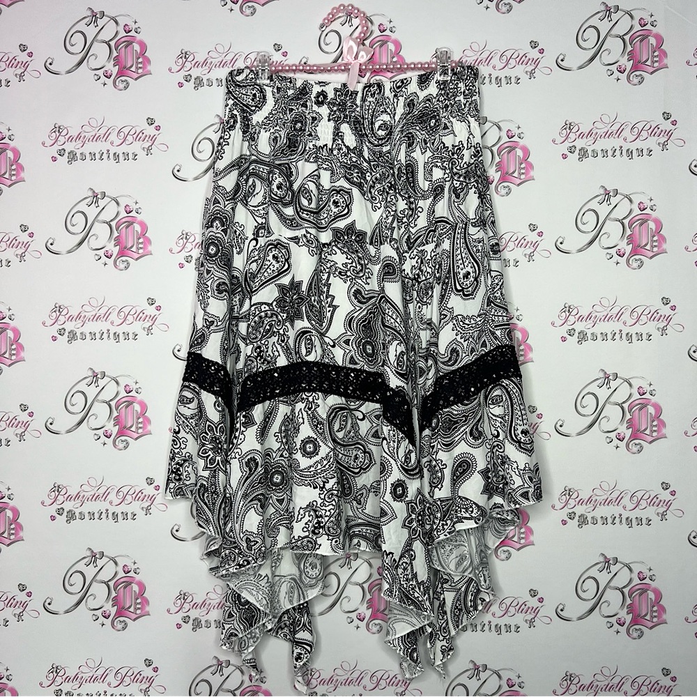 Katies skirt paisley whimsyical white black flowy maxi midi skirt ribbon bow